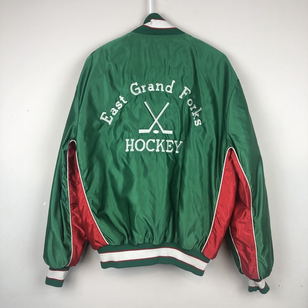 East Grand Forks Hockey Green Red Satin Varsity Jacket Mens Sz L USA Made Butwin